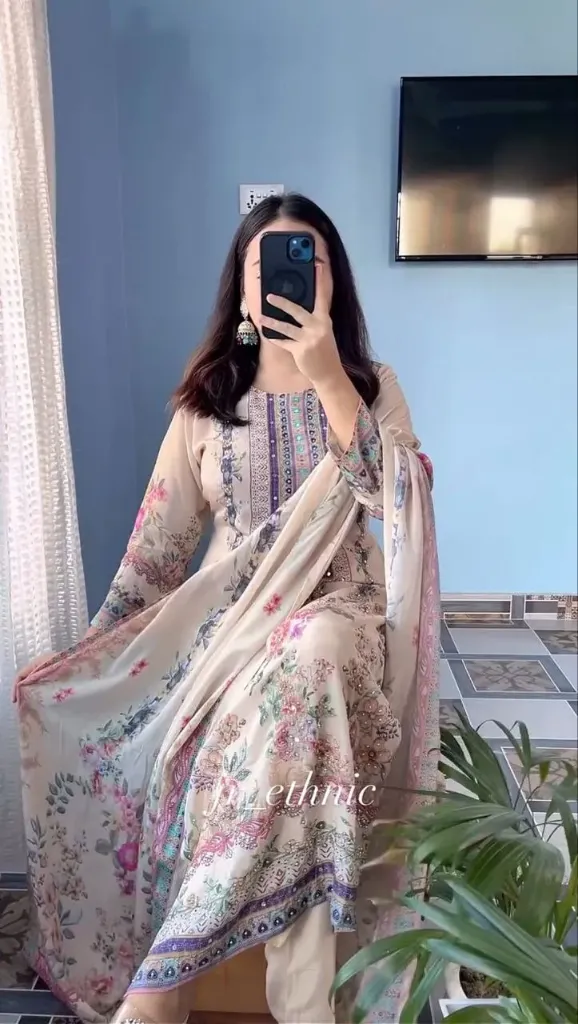 Silks Suit  decorated with digital prints and  hand works (M-38)