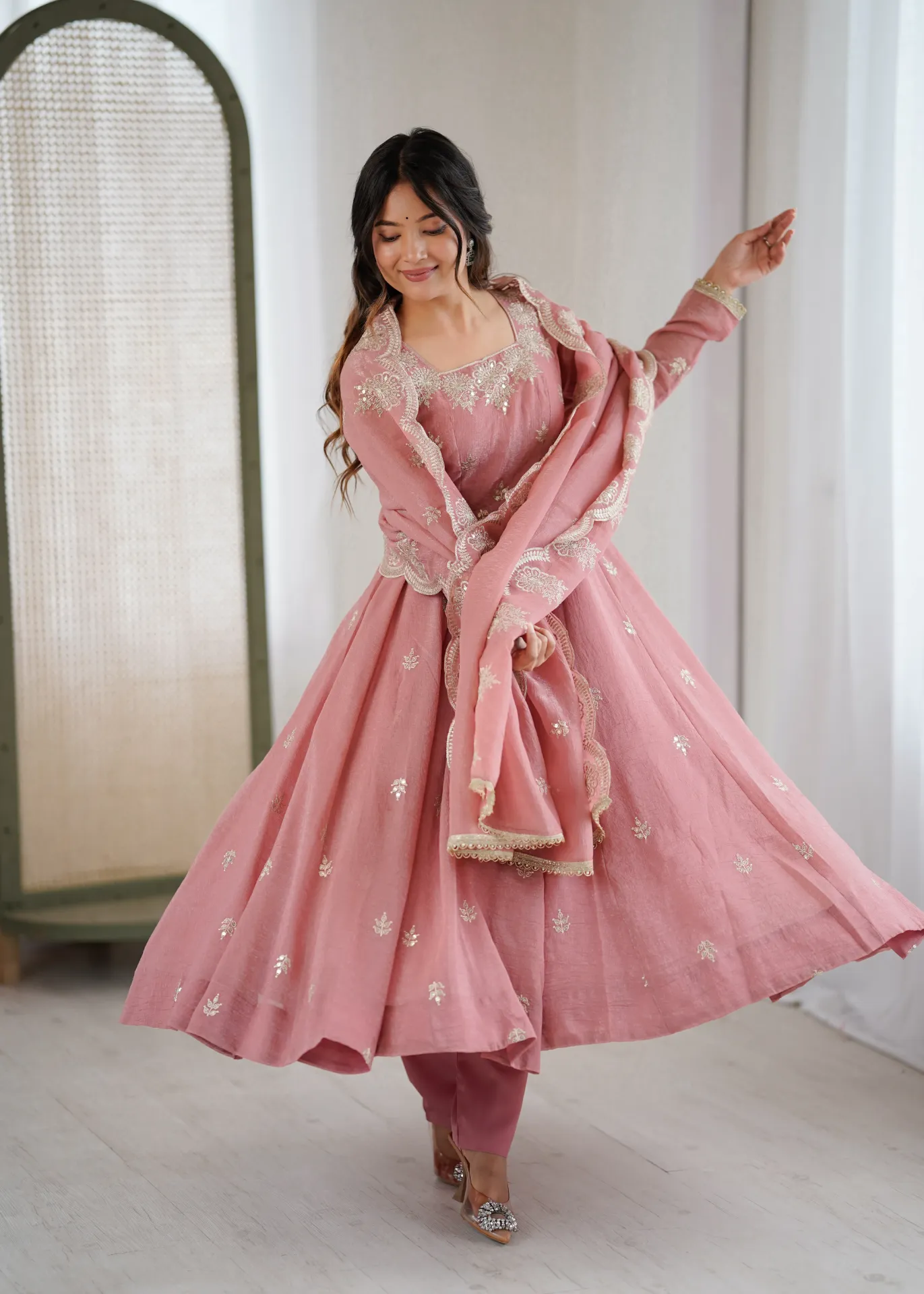 Elegant Embroidered Sequence Designer Anarkali Three Piece Set (Red, M-38)