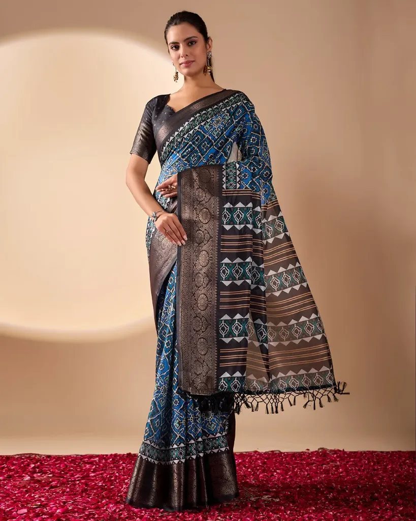 Exquisite Soft Lichi Silk Saree digital ethnic geometric designs 