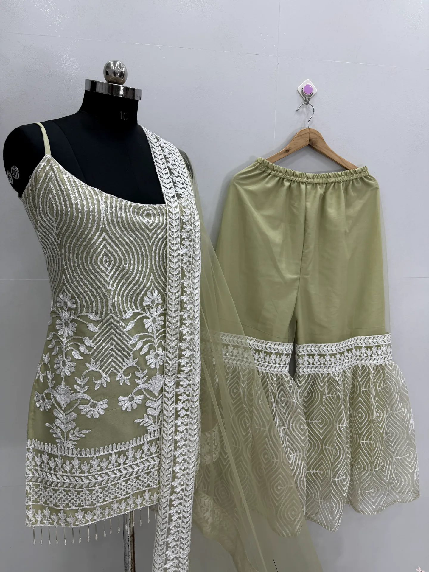 NEW DESIGNER HEAVY SOFT NET TOP WITH FULL CHINE SEQUNCE WORK PALAZZO SUIT (M-38)