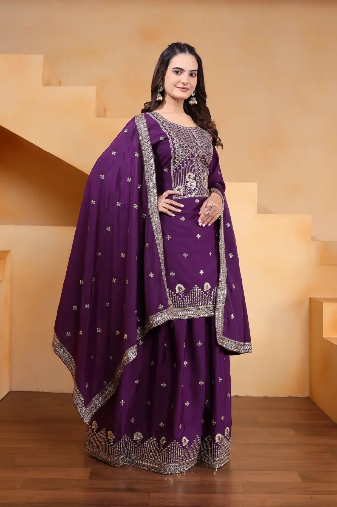 Designer Natural Crep Sharara Suit With Embroidered Work Salwar Kamees