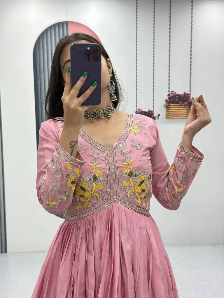 GOWN DESIGNER WEAR  EMBROIDERY WORK IN CHINON (M upto L margin)